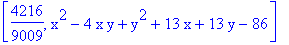 [4216/9009, x^2-4*x*y+y^2+13*x+13*y-86]